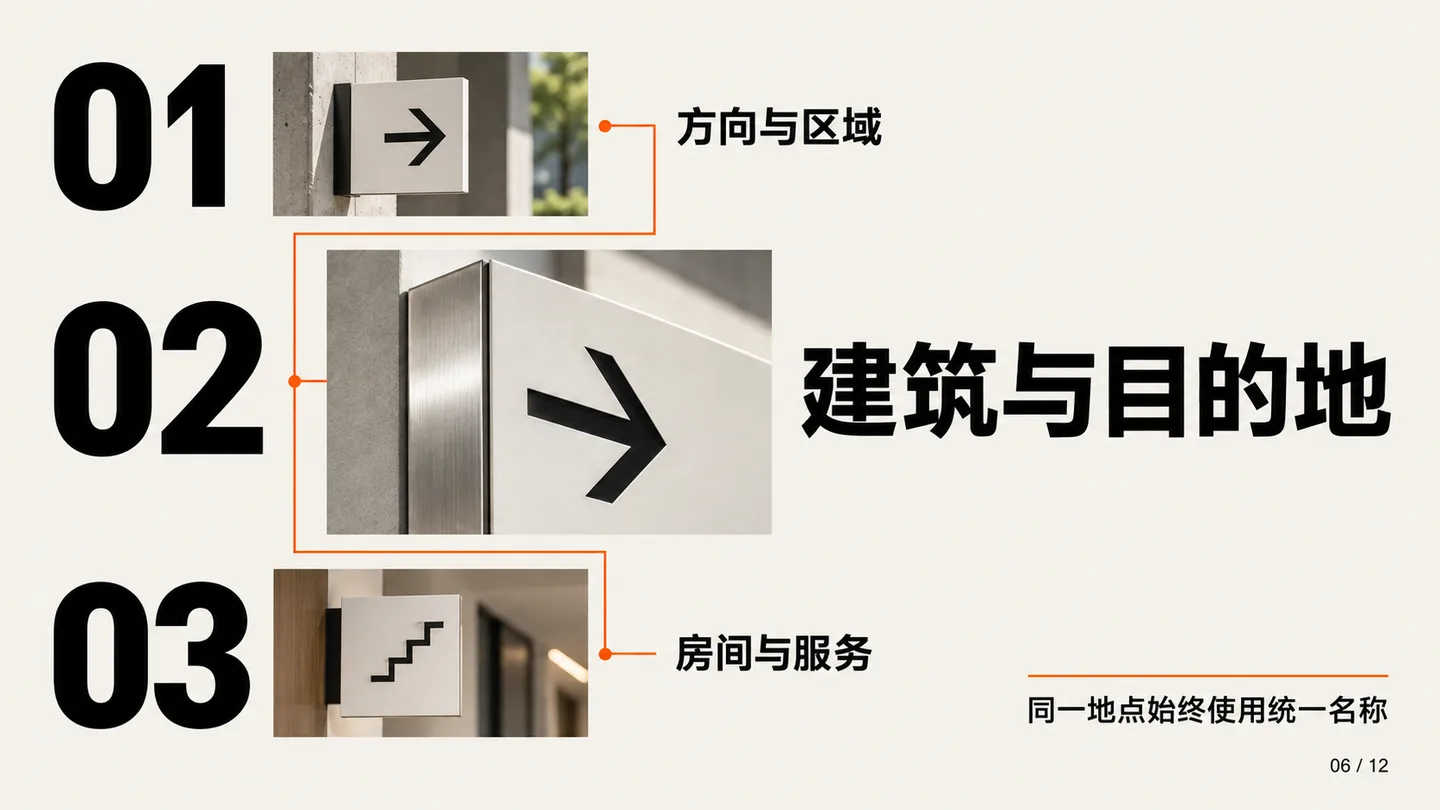 导视信息层级页:方向与区域、建筑与目的地、房间与服务
