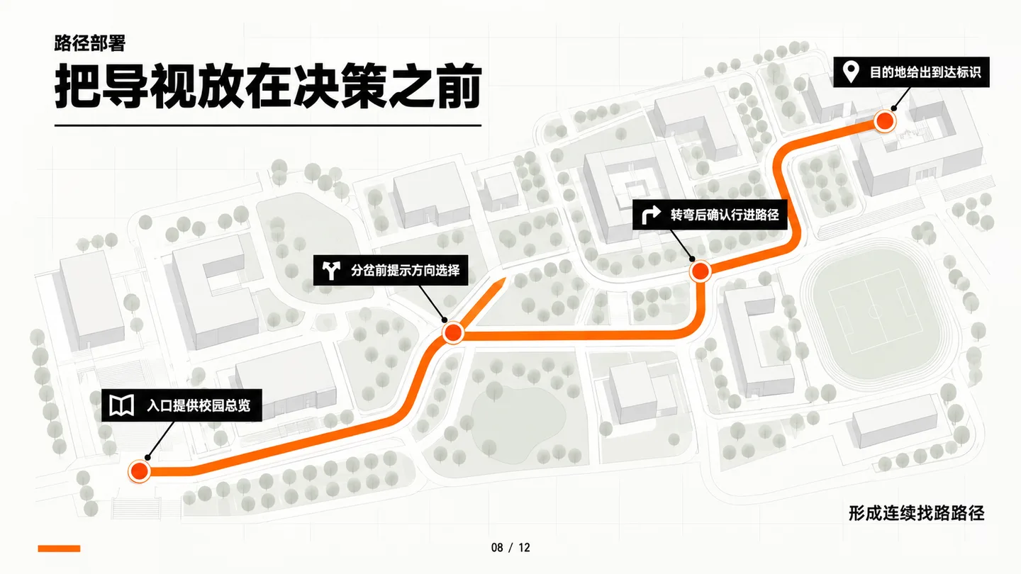导视路径部署页:入口、分岔、转弯和目的地上的提示安排