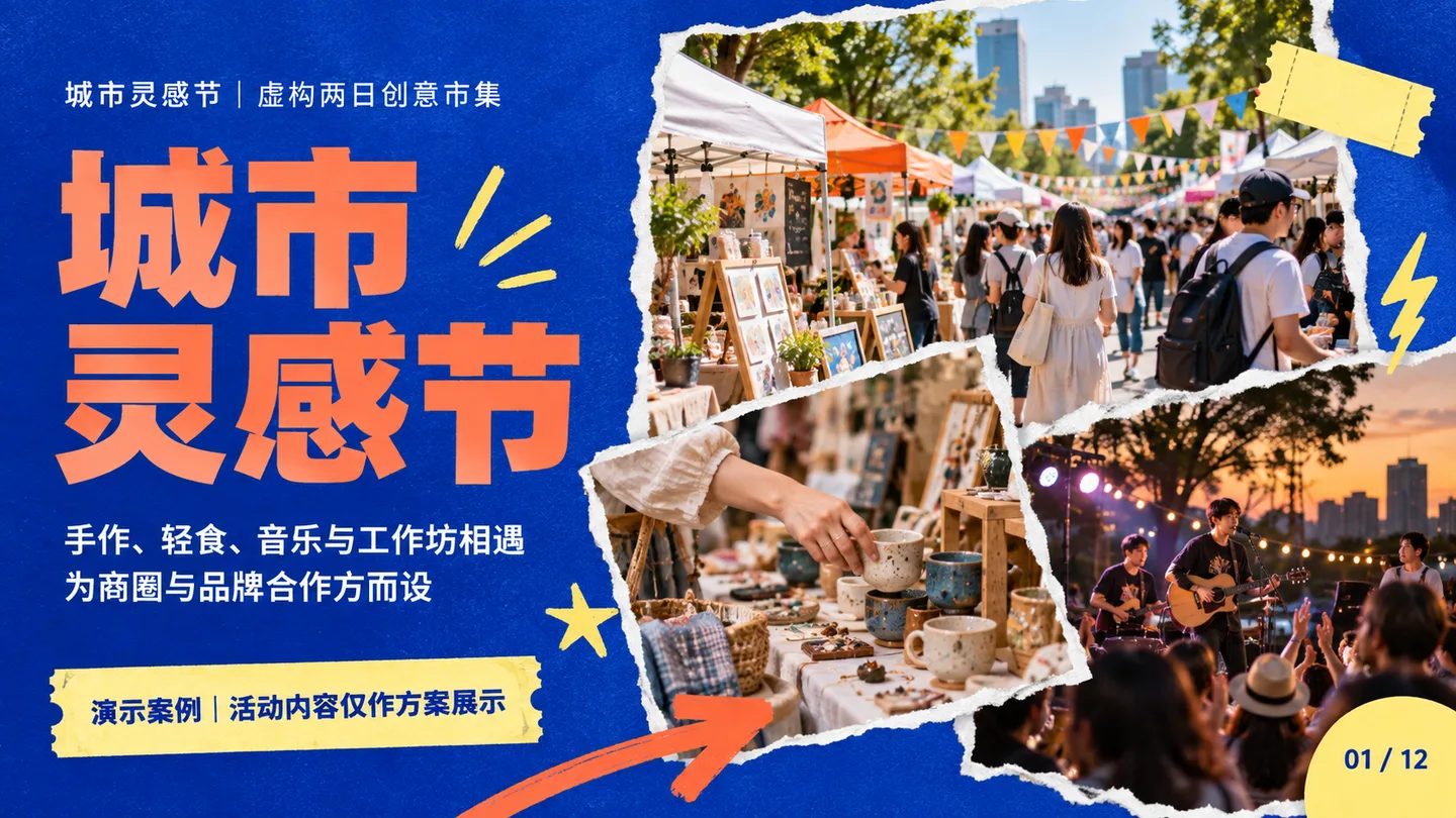 城市灵感节活动提案封面,用蓝橙标题和市集照片拼贴表达主题
