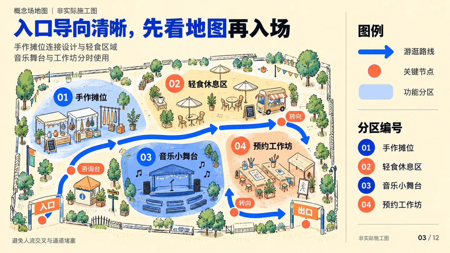 活动概念场地图,以四个分区和箭头说明入口、出口与游逛路线