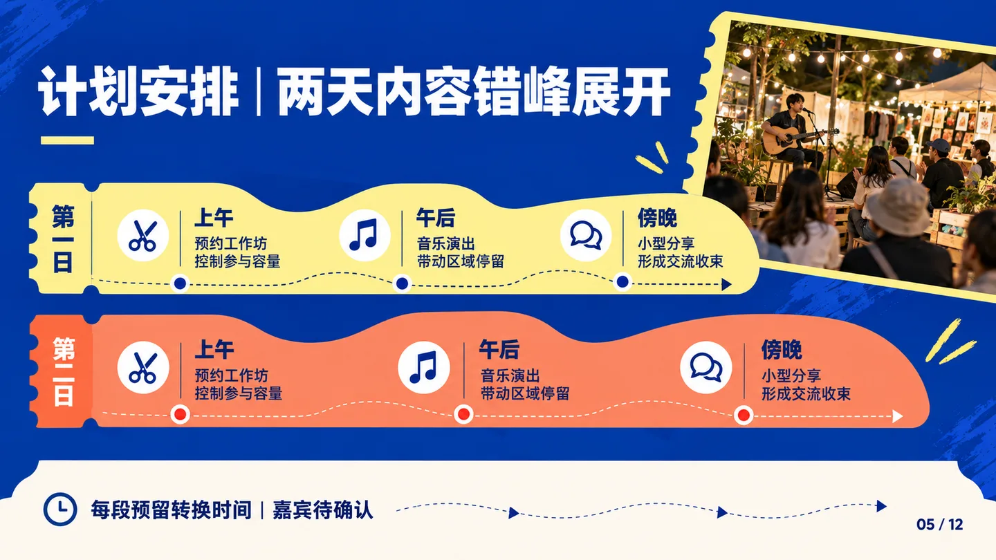 两日活动日程,用两条色带区分日期并呈现工作坊、音乐和分享安排
