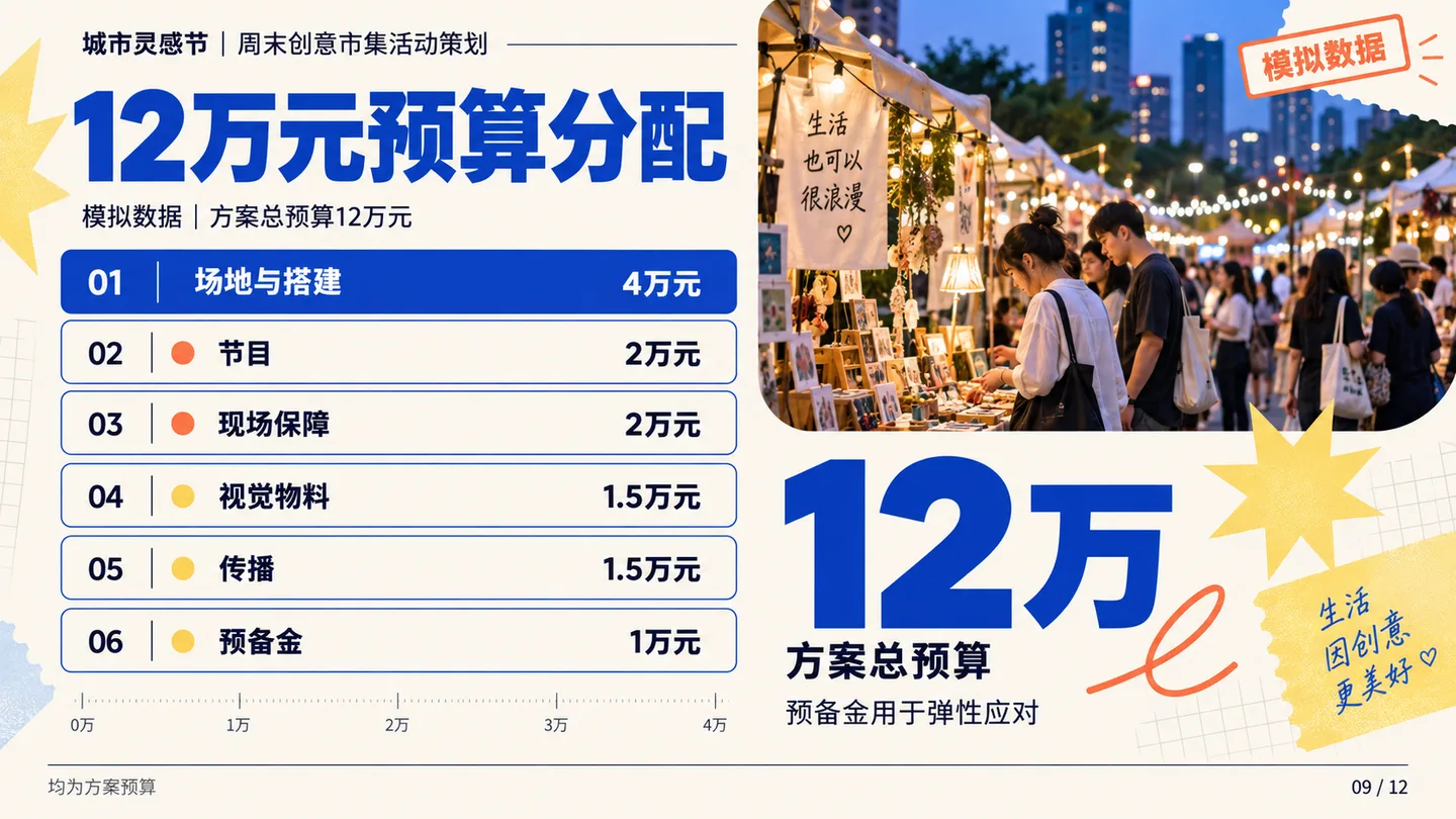活动模拟预算页,列出六项费用与十二万元总额