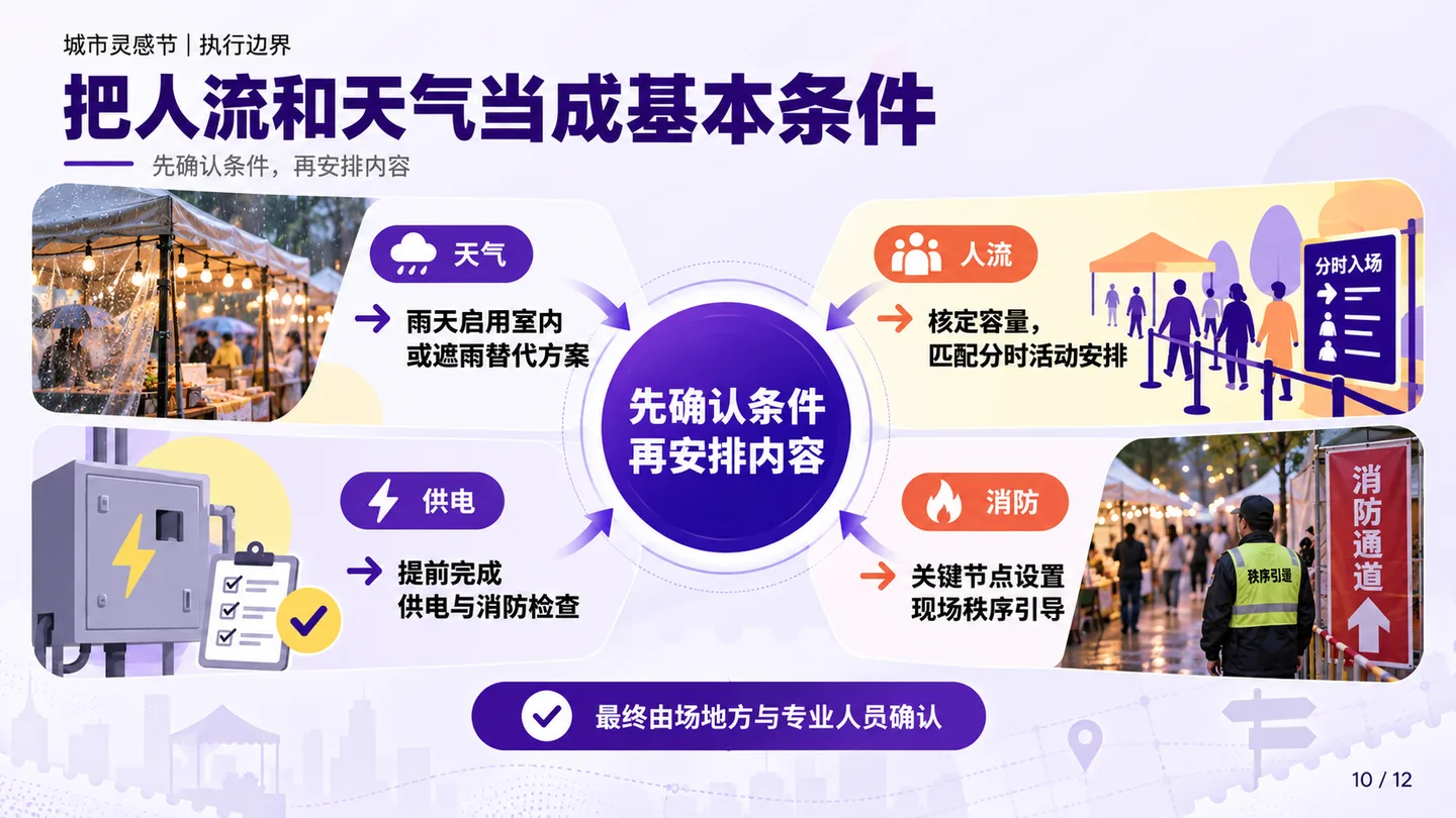 活动执行条件页,集中展示天气、人流、供电与消防待确认事项