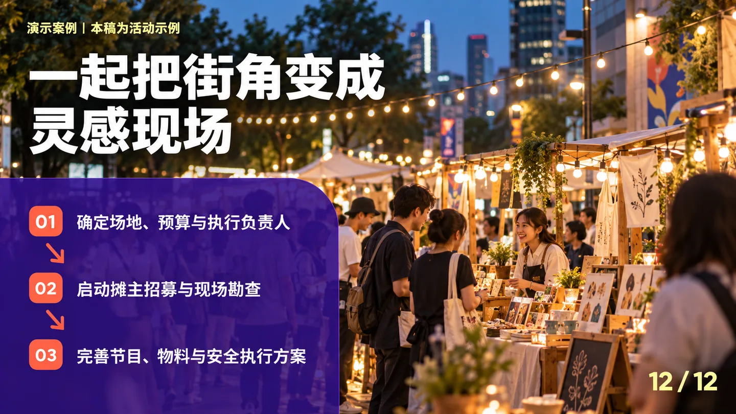 活动提案结尾页,列出确定场地预算负责人、招募勘查和完善方案三个步骤
