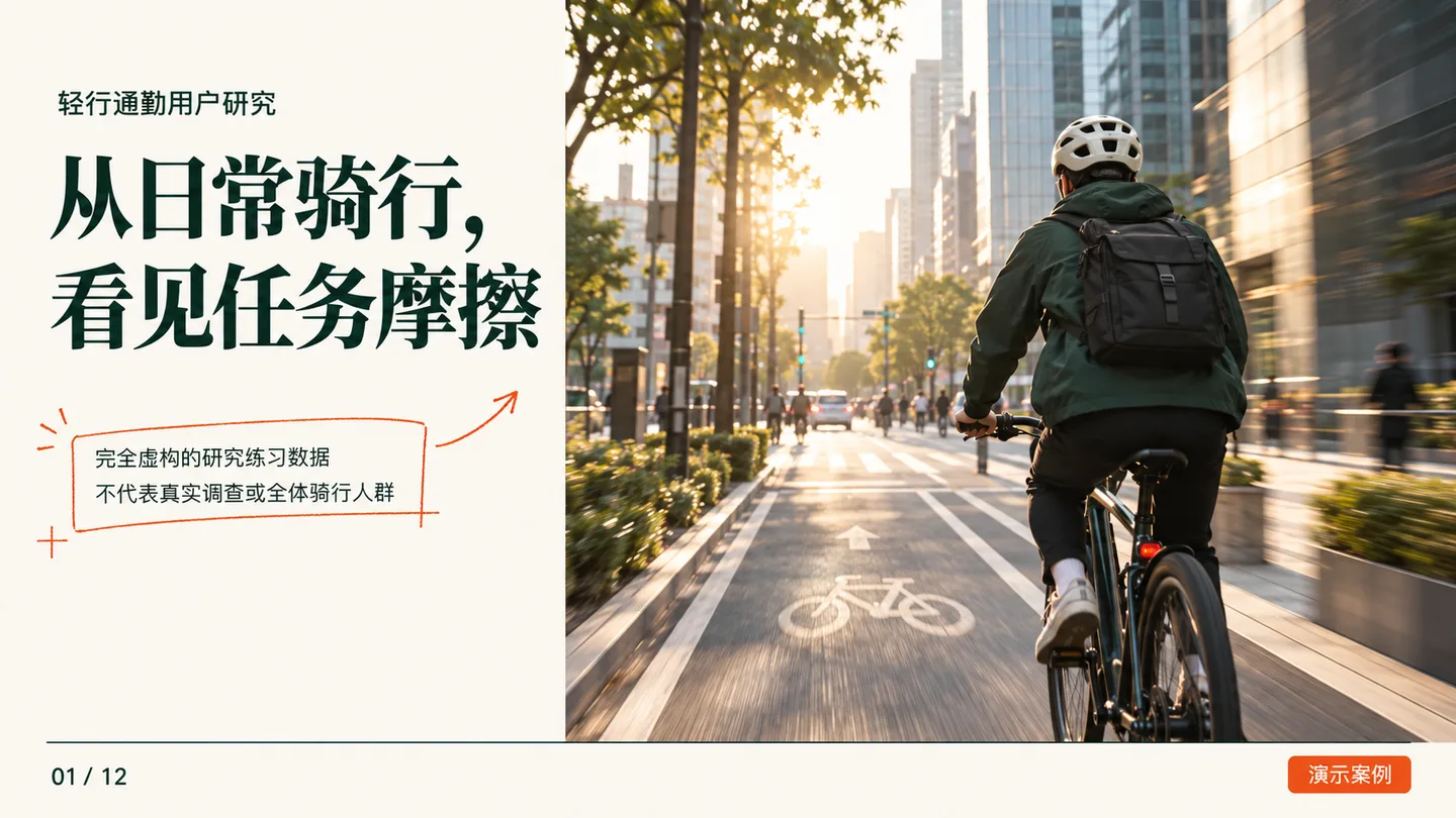 轻行通勤用户研究封面，用城市骑行大图和任务标题呈现研究主题，标明虚构研究练习