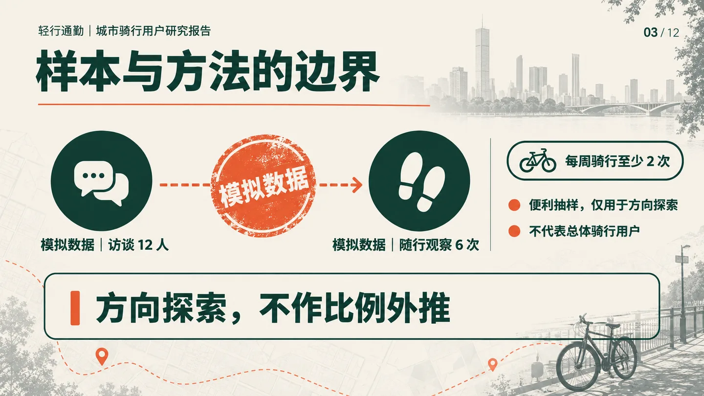 样本与方法页呈现模拟访谈12人、随行观察6次和参与者条件，注明便利抽样及不可外推