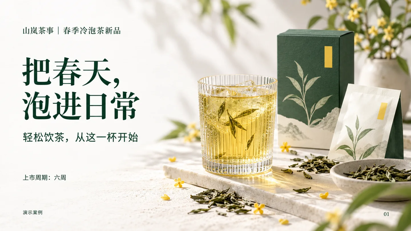 山岚茶事营销方案封面，以茶汤和包装大图呈现把春天泡进日常的品牌主张