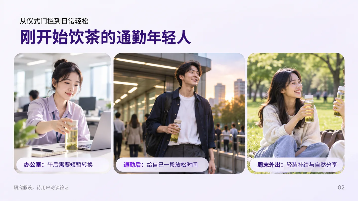 目标客群页用办公室、通勤后和周末外出三个场景说明饮茶需求，并标注研究假设