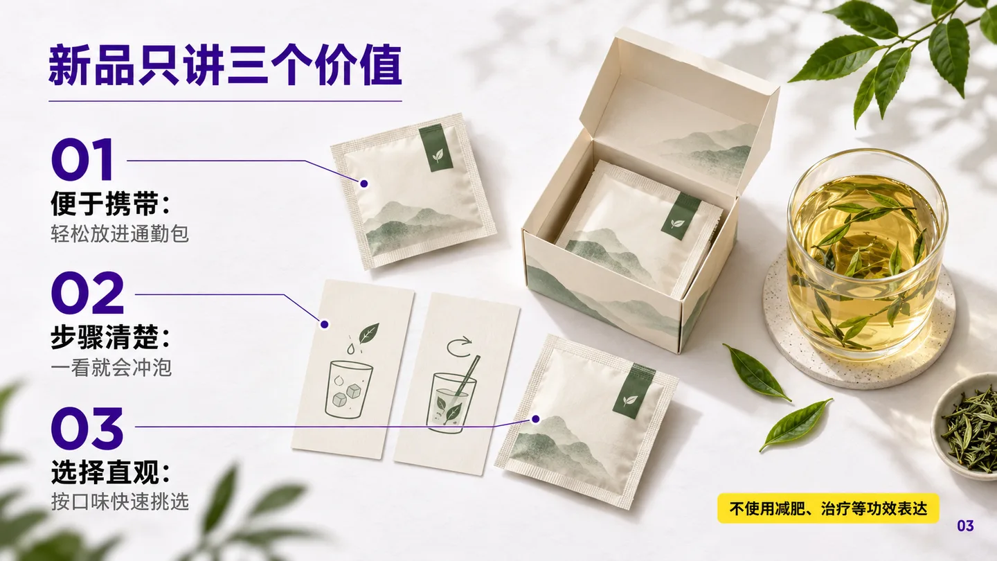 茶产品价值页把便于携带、冲泡步骤清楚和口味选择直观对应到包装与冲泡卡