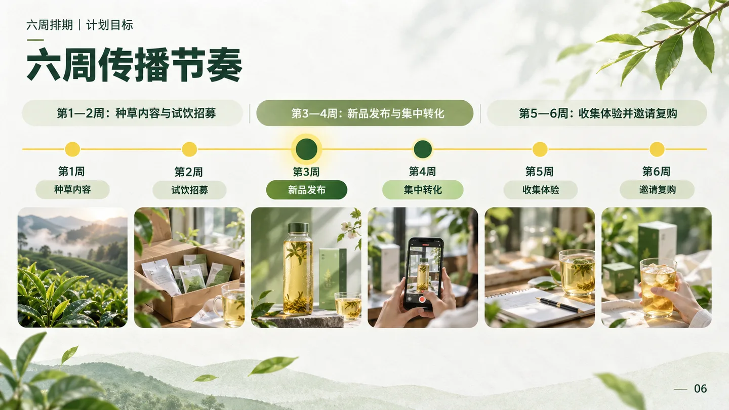六周传播计划把种草试饮、新品发布和体验复购分成三个阶段，用时间轴与图片对应