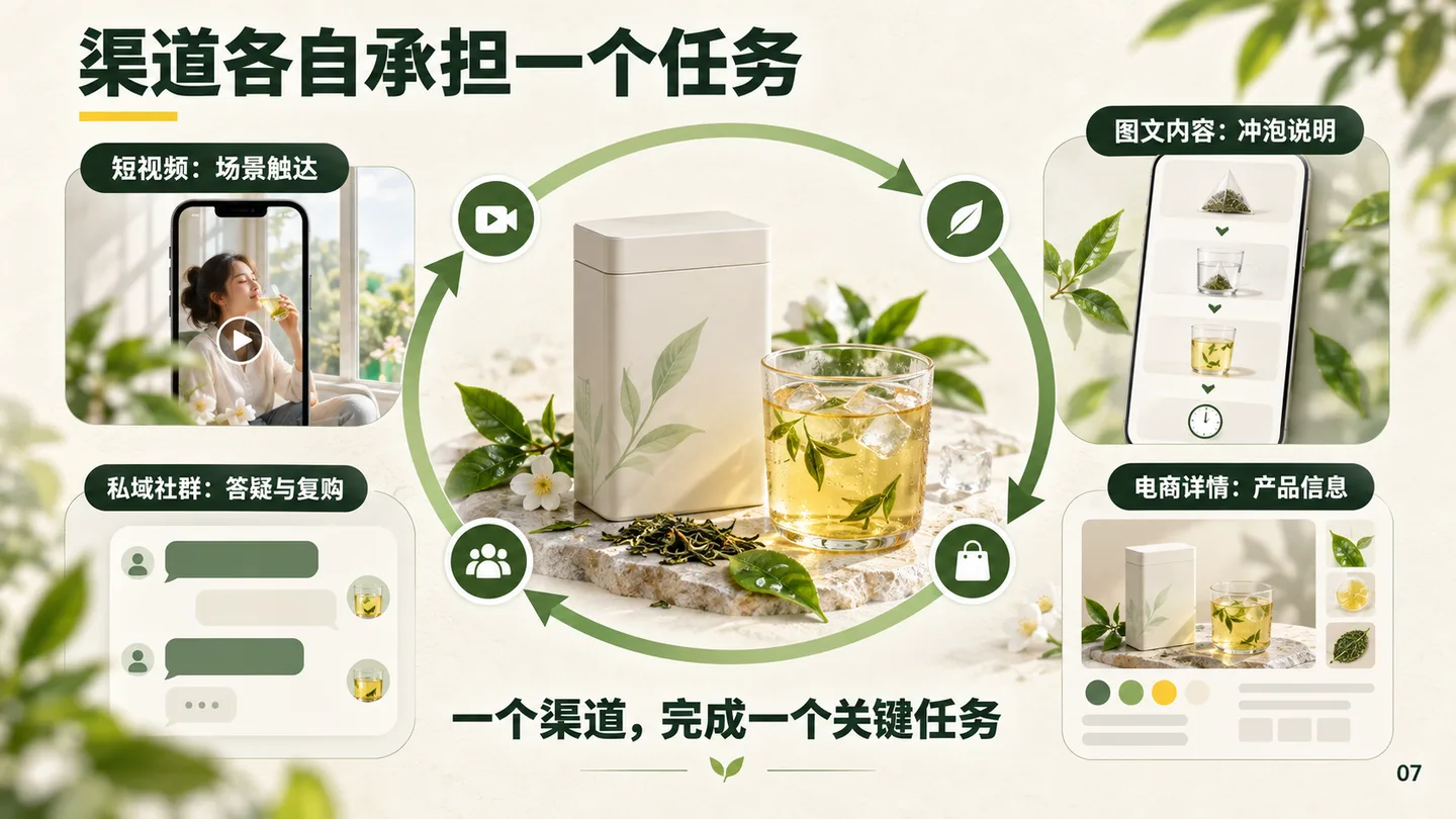 渠道分工页围绕茶产品呈现短视频触达、图文说明、电商信息和私域答疑四种任务