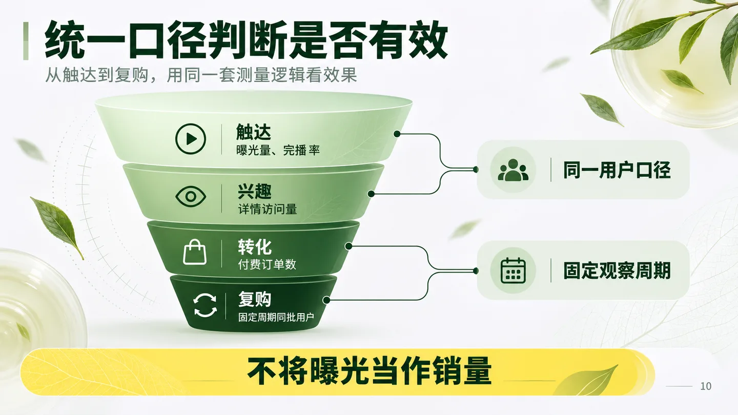 营销衡量页区分触达、兴趣、转化和复购，提醒固定观察周期并且不将曝光当作销量