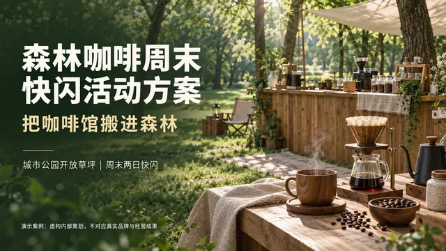 森林咖啡第 1 页，自然方向：森林绿与米白标题、林间咖啡场景