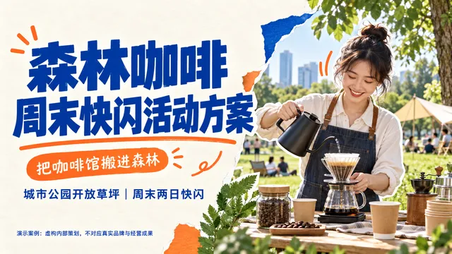 森林咖啡第 1 页，蓝橙方向：大标题、手冲照片与撕纸拼贴