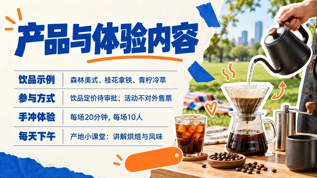 森林咖啡第 5 页，蓝橙方向：相同饮品与体验信息按条目排列